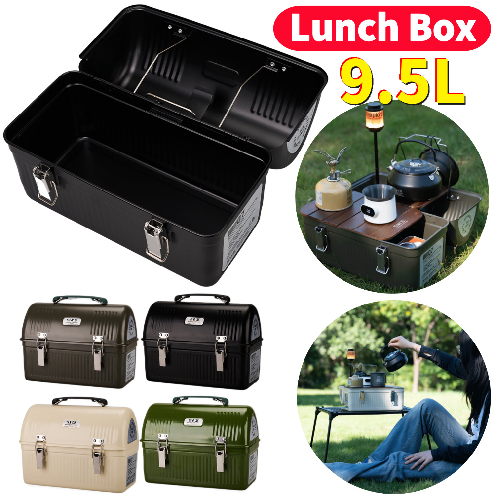 Outdoor Camping Store - กล่องอาหารกลางวันโลหะวินเทจขนาด 9.5 ลิตร พร้อมหูหิ้วและตัวล็อค อุปกรณ์กลางแจ้ง กล่องเก็บของ