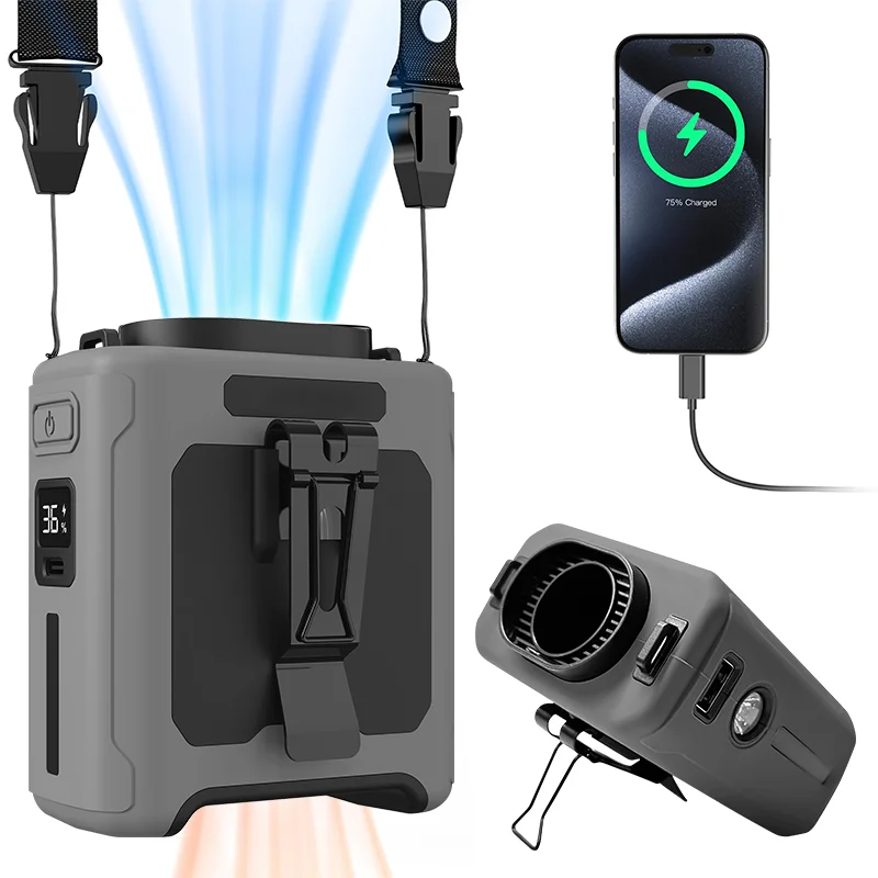 Outdoor Camping Ventilator - ไฟ LED แขวนคอลมแรงทํางานกลางแจ้งพัดลม USB 10000mAh แบบพกพาเอวพัดลมพัดลมระบายความร้อน