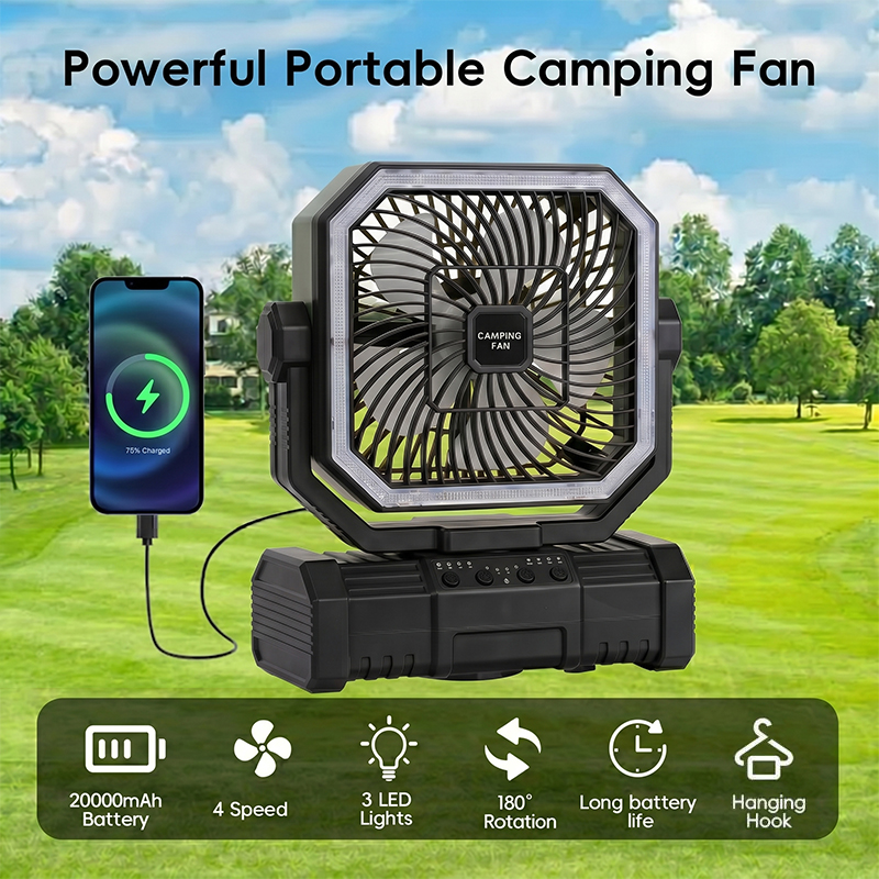 Outdoor Camping Ventilator - พัดลมเพดานสำหรับตั้งแคมป์ 20000mAh พัดลมพกพาแบบชาร์จไฟได้พร้อมตะขอแขวน โคมไฟ LED และรีโมทสำหรับเต็นท์กลางแจ้ง
