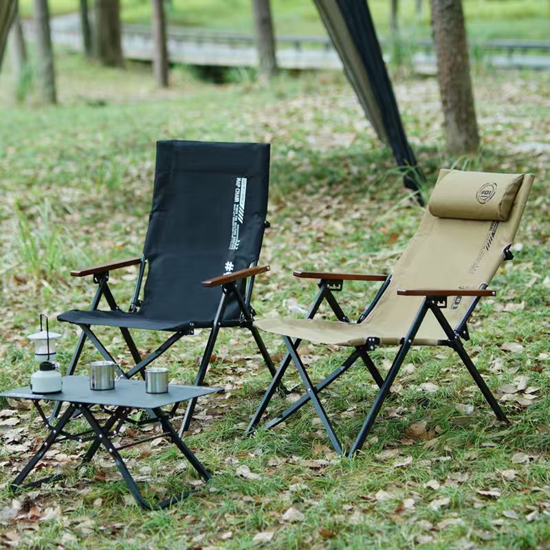 Outdoor Camping Table And Chairs - เก้าอี้พับพนักพิงสูงสำหรับตั้งแคมป์ชายหาด ปรับได้ 4 ระดับ โครงเหล็ก พกพาสะดวก
