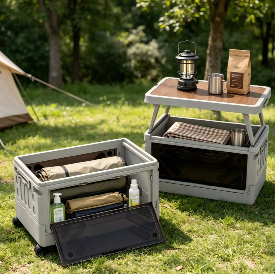 Outdoor Camping Table With Storage - กล่องเก็บของอเนกประสงค์สำหรับตั้งแคมป์กลางแจ้งพร้อมโต๊ะยกขึ้นได้, กล่องเก็บของแบบล้อเลื่อนที่แข็งแรงทนทานพร้อมประตูโปร่งใสและล้อที่ล็อคได้, โต๊ะเก็บของแบบพับได้ 2-in-1 สำหรับใช้ในรถบ้าน ลานหลังบ้าน