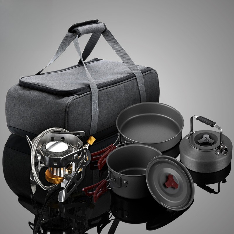 Outdoor Camping Stove - ชุดเตาแก๊สพกพาแบบแยกส่วน สำหรับ 2-3 คน สำหรับตั้งแคมป์ปิกนิกกลางแจ้ง พร้อมหม้อและอุปกรณ์