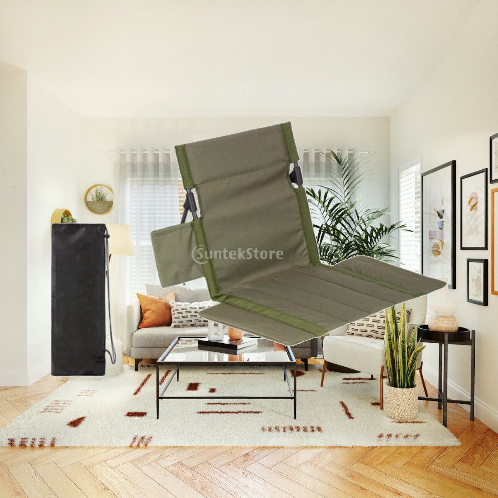 Outdoor Camping Lounge Chairs - เก้าอี้พับแบบพกพาสำหรับตั้งแคมป์ ชายหาด ปิกนิกกลางแจ้ง ที่นั่งเตี้ย โครงอะลูมิเนียมพร้อมที่วางแขน เบาะรองนั่งบุด้วยผ้าอ็อกซ์ฟอร์ด