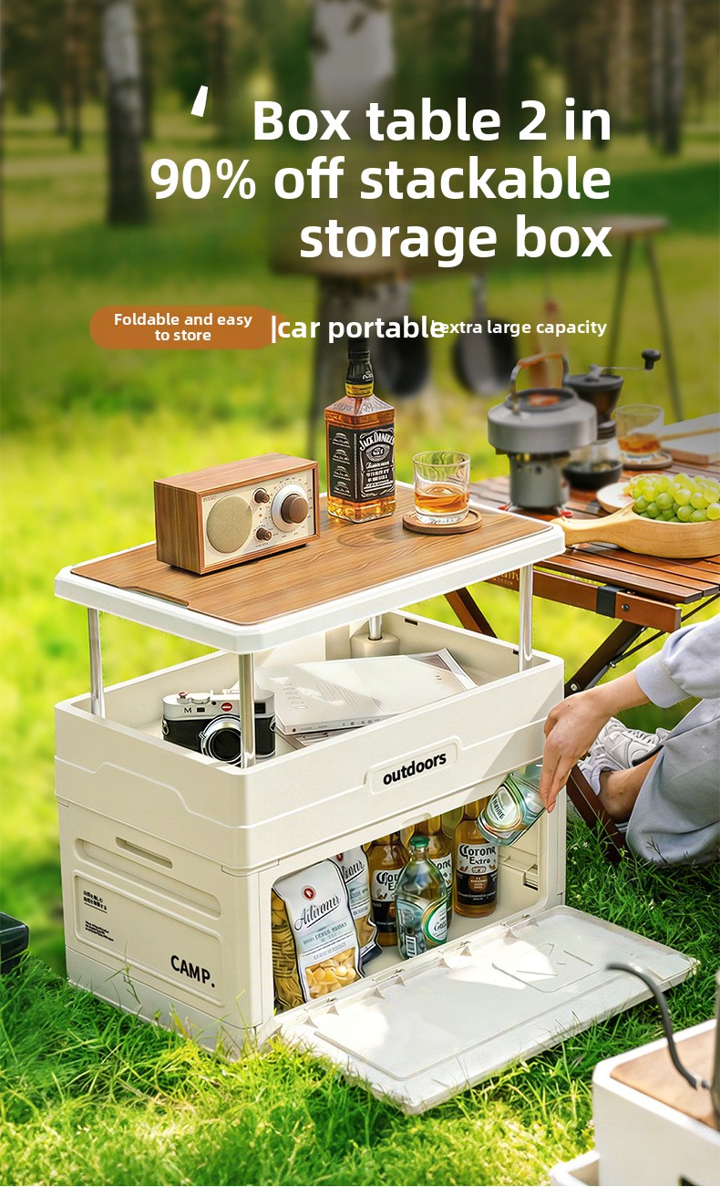 Outdoor Camping Table And Chairs - กล่องเก็บของพับได้สำหรับตั้งแคมป์ พร้อมฝาไม้ ชุดโต๊ะเก้าอี้ สำหรับจัดระเบียบท้ายรถ เหมาะสำหรับกิจกรรมกลางแจ้งในวันฮาโลวีน