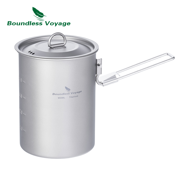 Outdoor Camping Dining Set - Boundless Voyage 900ml หม้อไทเทเนียมถ้วย Camping เครื่องครัวชามน้ําหนักเบาพร้อมที่จับพับและฝาปิดกลางแจ้งแบบพกพาชุดทําอาหาร