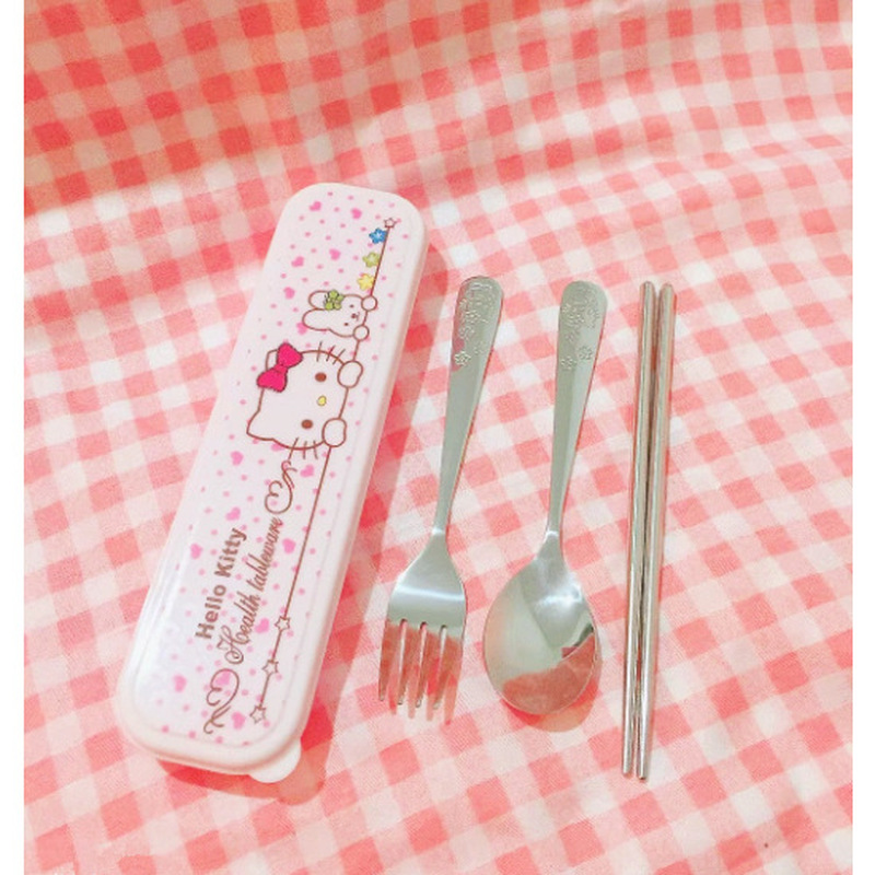 Outdoor Camping Dining Set - ชุดช้อนส้อมตะเกียบสแตนเลส Hello Kitty ชุดอุปกรณ์รับประทานอาหารแบบพกพาสำหรับอาหารกลางวัน สำนักงาน โรงเรียน