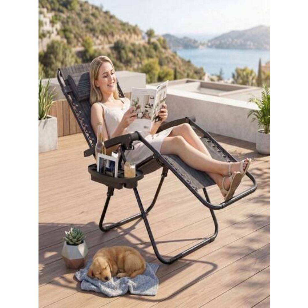 Outdoor Camping Lounge Chairs - เก้าอี้พับได้แบบไร้แรงโน้มถ่วงพร้อมถาดวางแก้วและพนักพิงปรับเอนได้พร้อมระบบล็อก, เก้าอี้พักผ่อนแบบพับได้สำหรับลานบ้าน ชายหาด และการตั้งแคมป์, เก้าอี้พับน้ำหนักเบาพร้อมหมอนและที่จับสำหรับพกพา, รองรับน้ำหนักได้ถึง
