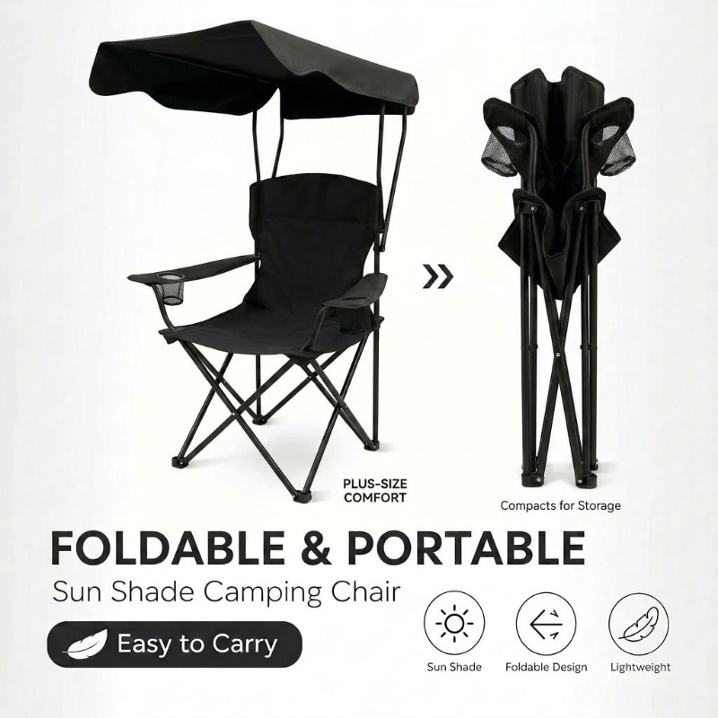 Outdoor Camping Lounge Chairs - เก้าอี้ตั้งแคมป์กลางแจ้งพร้อมกันสาด พับเก็บได้ พกพาสะดวก พร้อมที่วางแขน ที่วางแก้ว และกระเป๋าหิ้ว